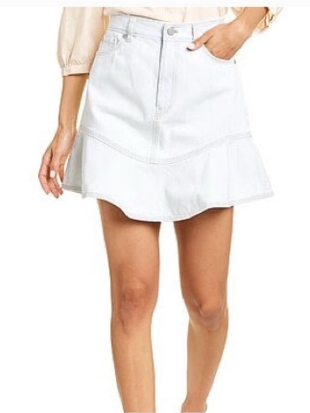 White Denim Skirt with Ruffle Hem